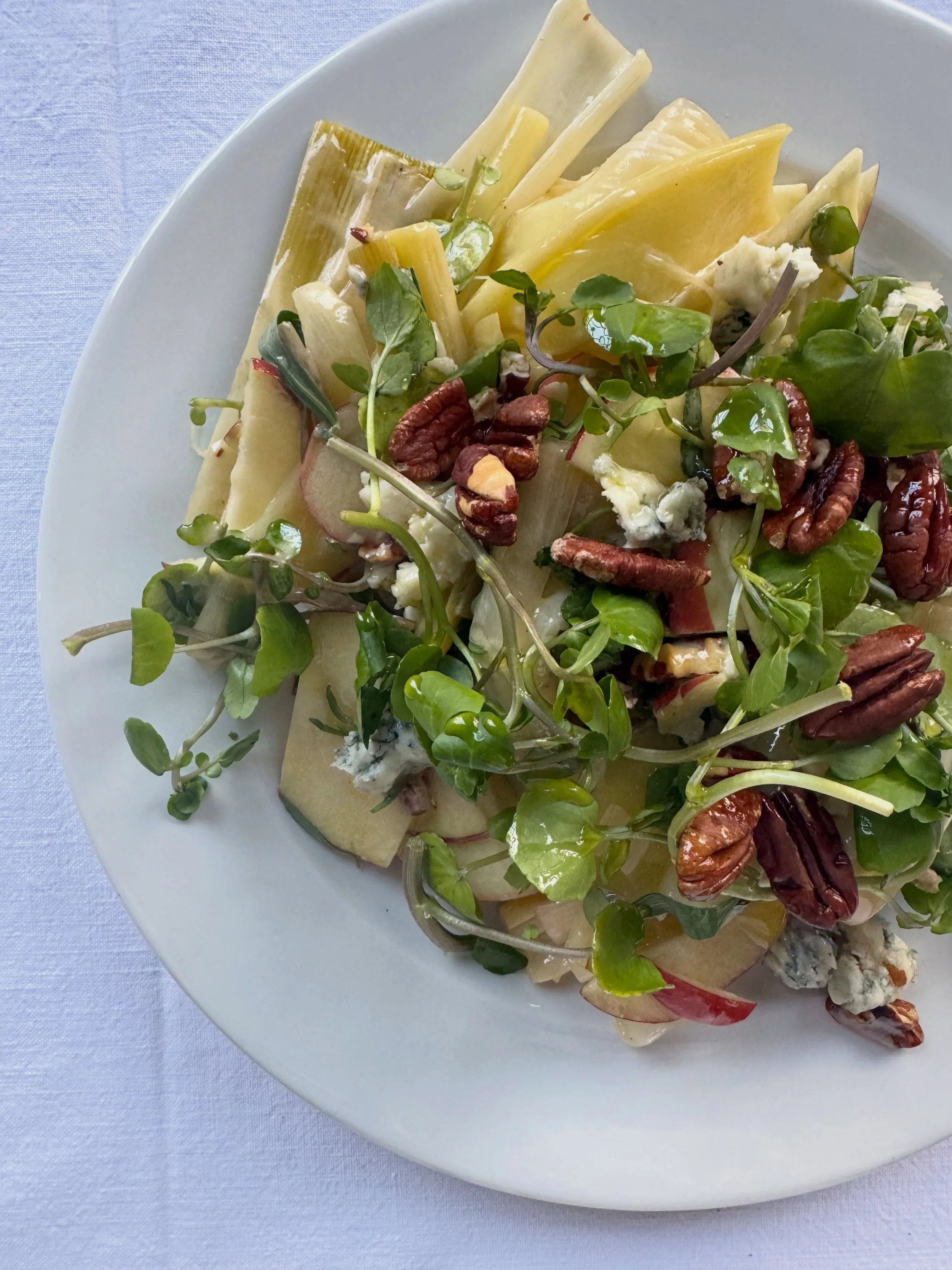 Grilled leeks, apple, pecans, gorgonzola picante and watercress for Jo and Ed and their 16 guests @theforgebristol at the end of April. Pictured too are roasted polenta, pickled oyster mushroom and mushroom aioli canap&eacute;s, starters to share of 