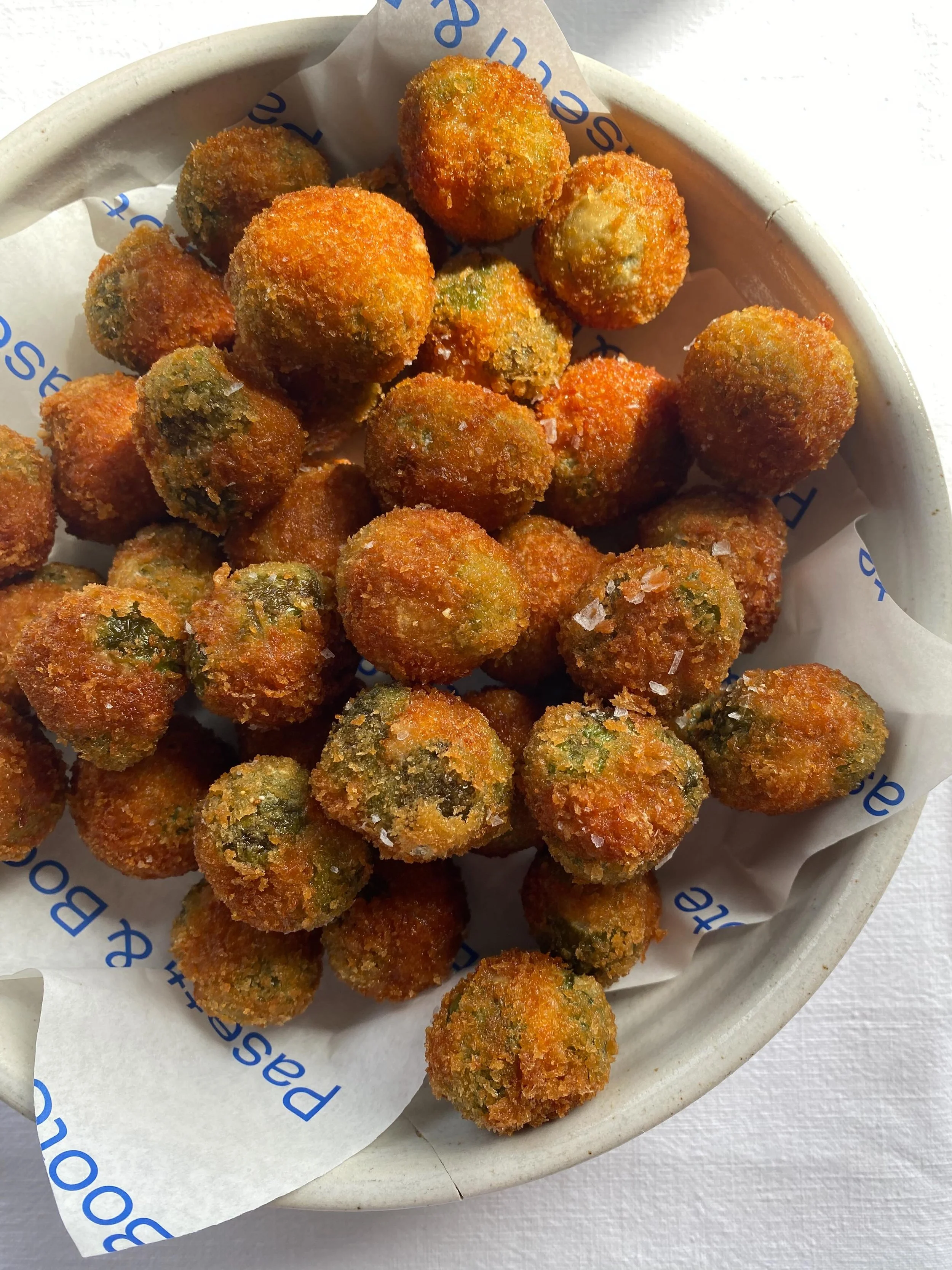 Fried nocellara olives stuffed with fennel sausage and parmesan to greet Hannah and George and their 40 guests in April. Cheddar goug&egrave;res and buttermilk fried chicken with pickles and aioli too alongside champagne and fine cider, before sittin