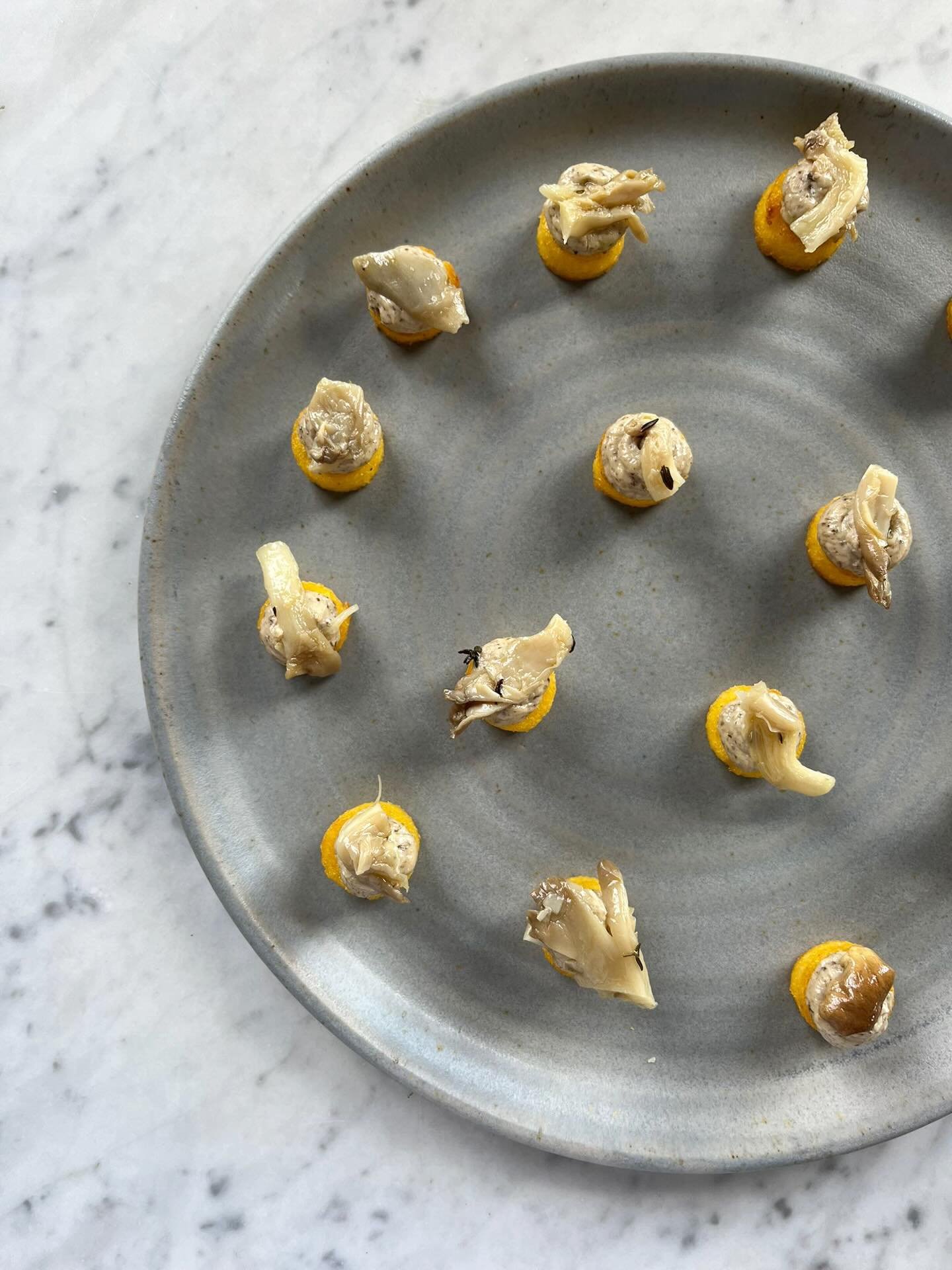 We cooked for Sara and Sam in the autumn and we took these two pictures. These are our fried polenta with mushroom aioli and pickled mushroom canap&eacute;s - an earthy and delicious taste sensation, plus we&rsquo;ve nailed a vegan mushroom aioli. To