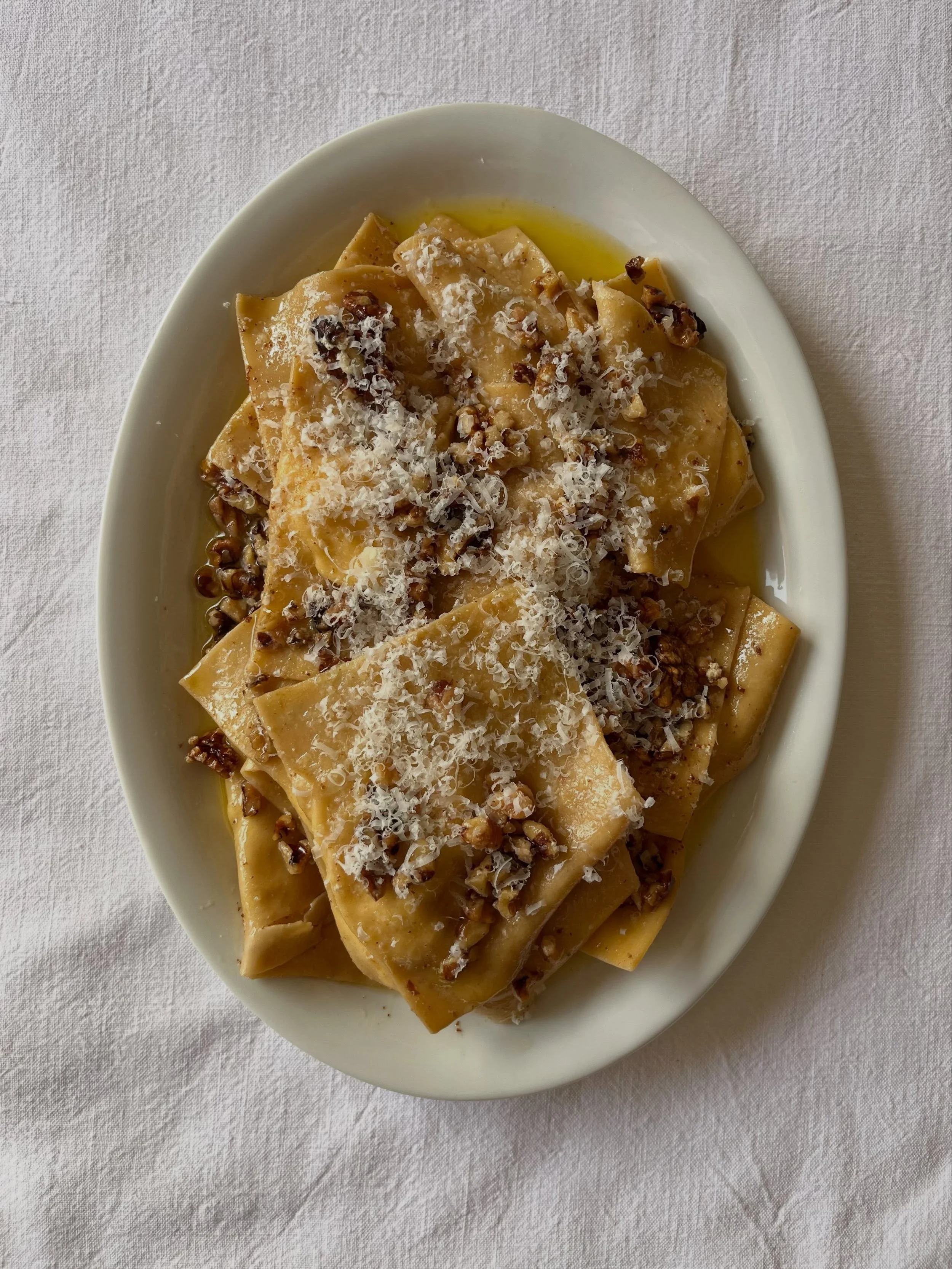 A pasta course of @westcombe ricotta ravioli with walnut brown butter and parmesan for Caroline and Matt and their 70 guests at the incredible Lost Music Hall. We are always delighted to be back here ❤️ Swipe through for the full menu - highlights we