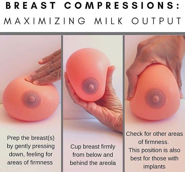 Breast compressions! Literally just a boob squeeze 💗 Excellent technique for helping with weight gain and a little supply boost. Anyone have luck doing them? Thanks to @midwifemarley and @mrspatels for the great visual.