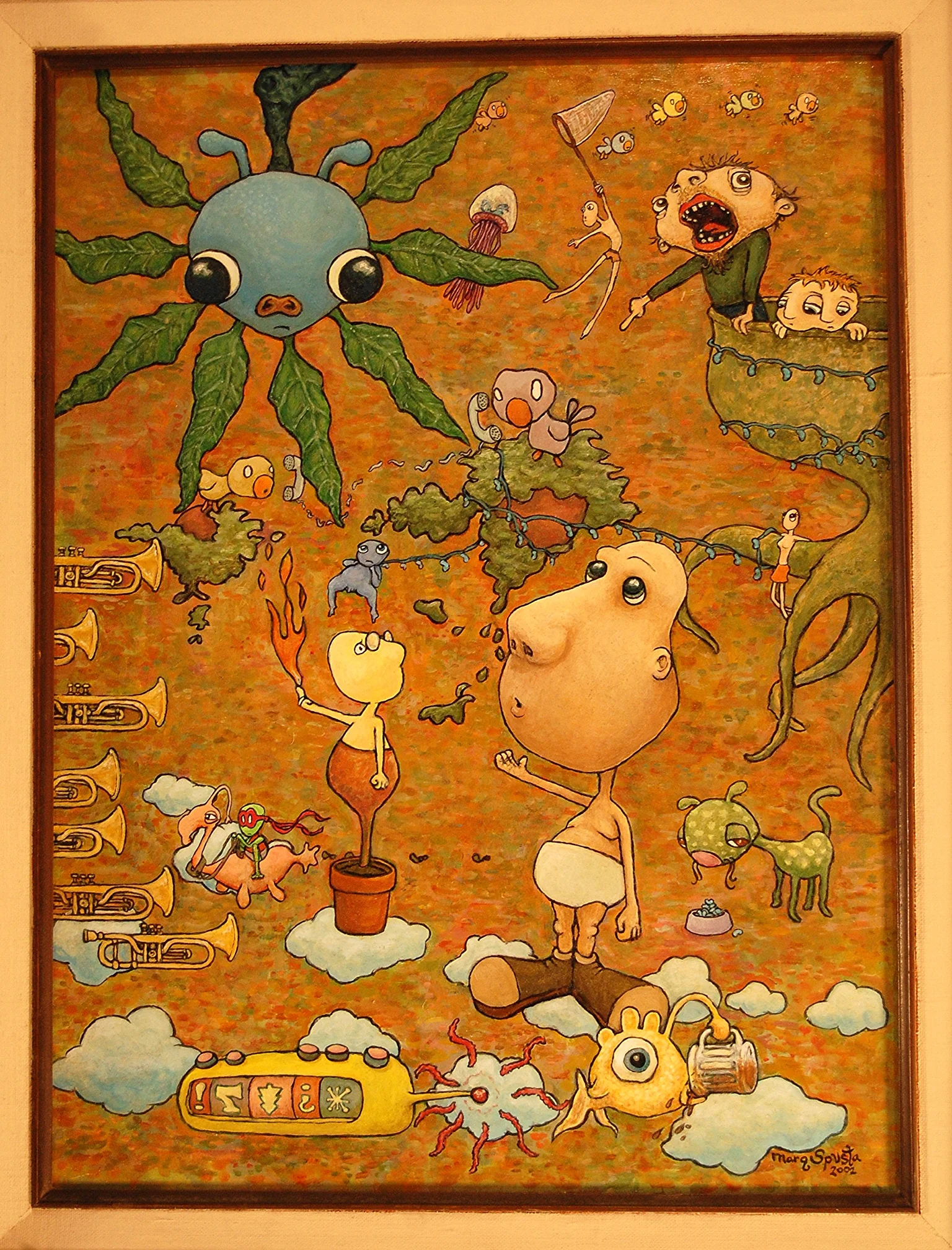 This one of a kind original painting by Marq Spusta was orignially purchased by his roommate in 2003, titled "What Now!?!" raised $2,100 for the Food Bank of Southern Wisconsin