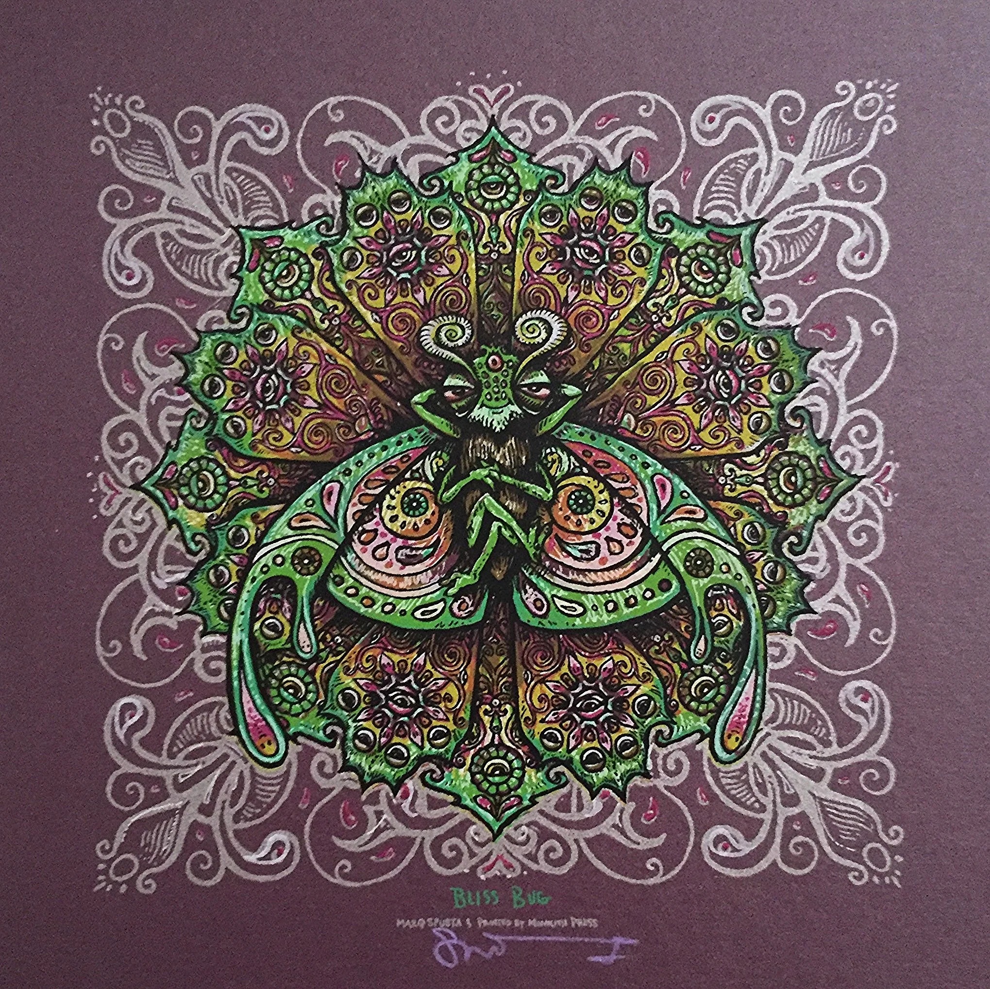 This beautiful Bliss Bug 7" x 7" was paired with a Knowing of Gnomeness mini and a Litboogel to raise over $130 for The World Food Program in July 2016