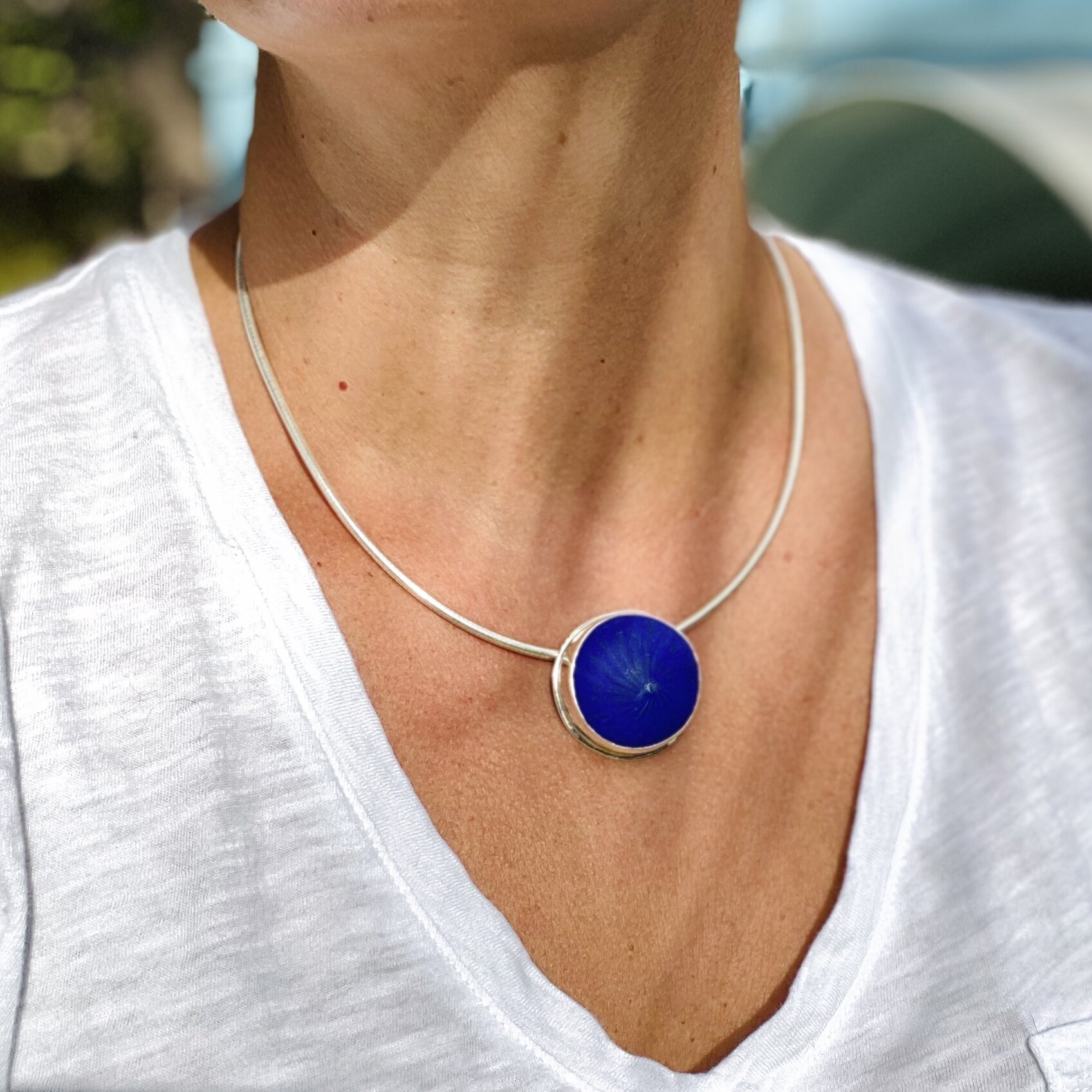 BIG Bold BLUE and BEAUTIFUL Glass in Sterling Silver Pendant ~ Bright and brilliant blue glass set in simple silver pendant