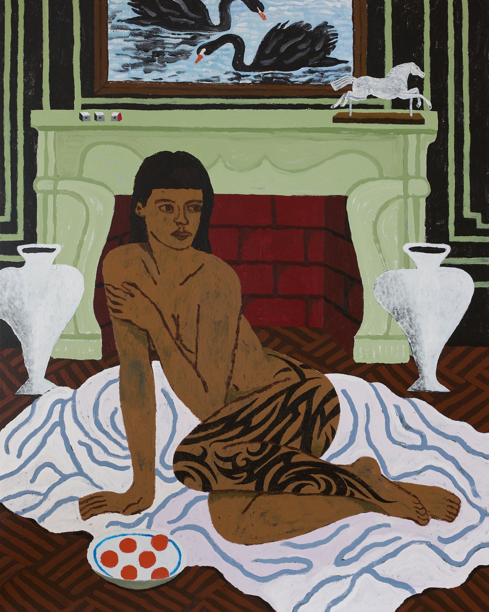 large scale painting of a nude woman with tattoos lounging on a white blanket in front of a green marble fireplace. a painting of two black swans on the ornate wall behind her and a rich parquet floor in the foreground