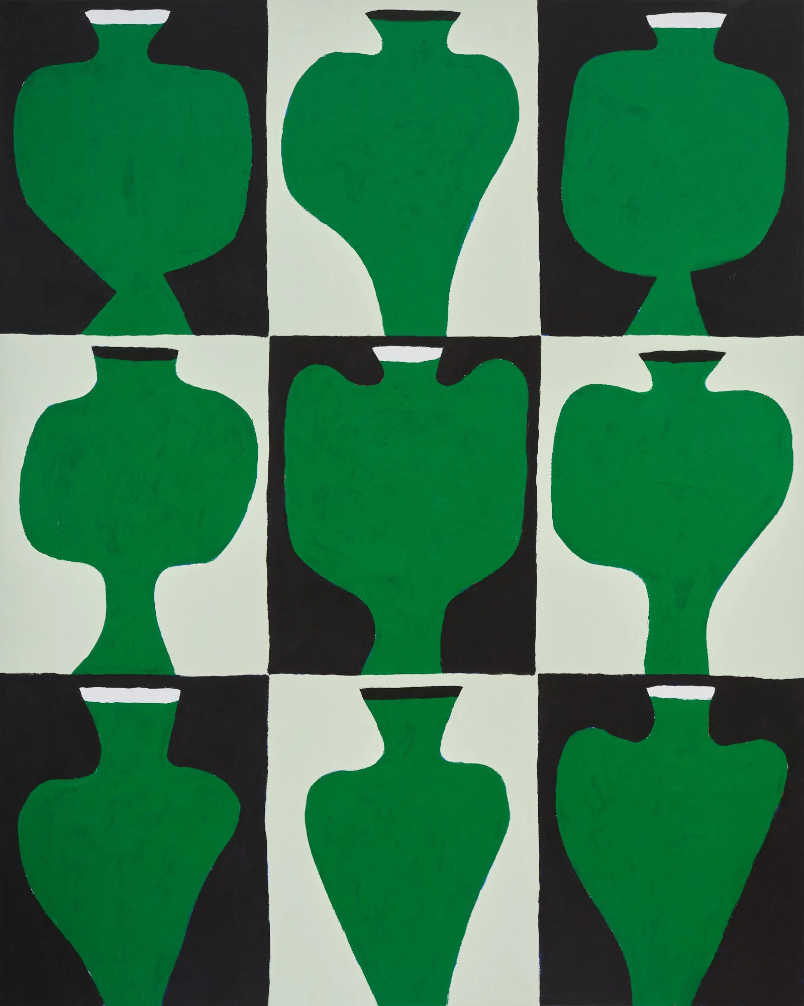 9 GREEN VASES ON A BLACK AND MINT GREEN CHECKERBOARD BACKGROUND