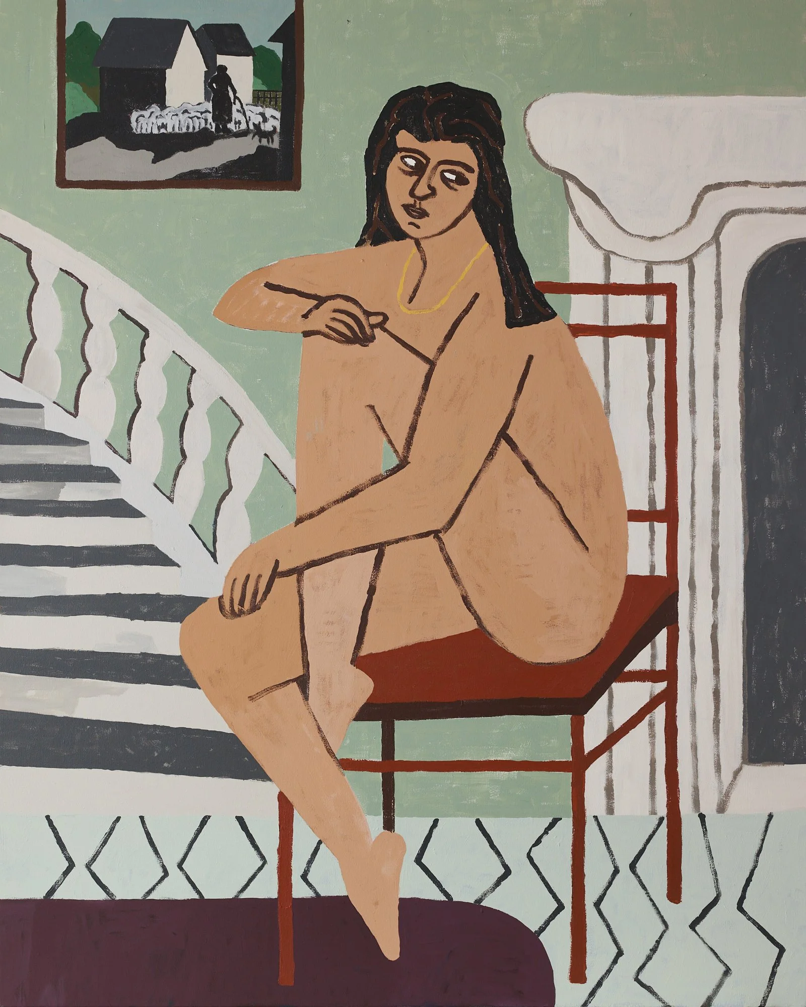 SEATED NUDE WOMAN IN A ROOM WITH FIREPLACE AND STAIRCASE AND A PAINTING HANGS ON THE WALL DEPICTING A SHEPHERD HERDING SHEEP