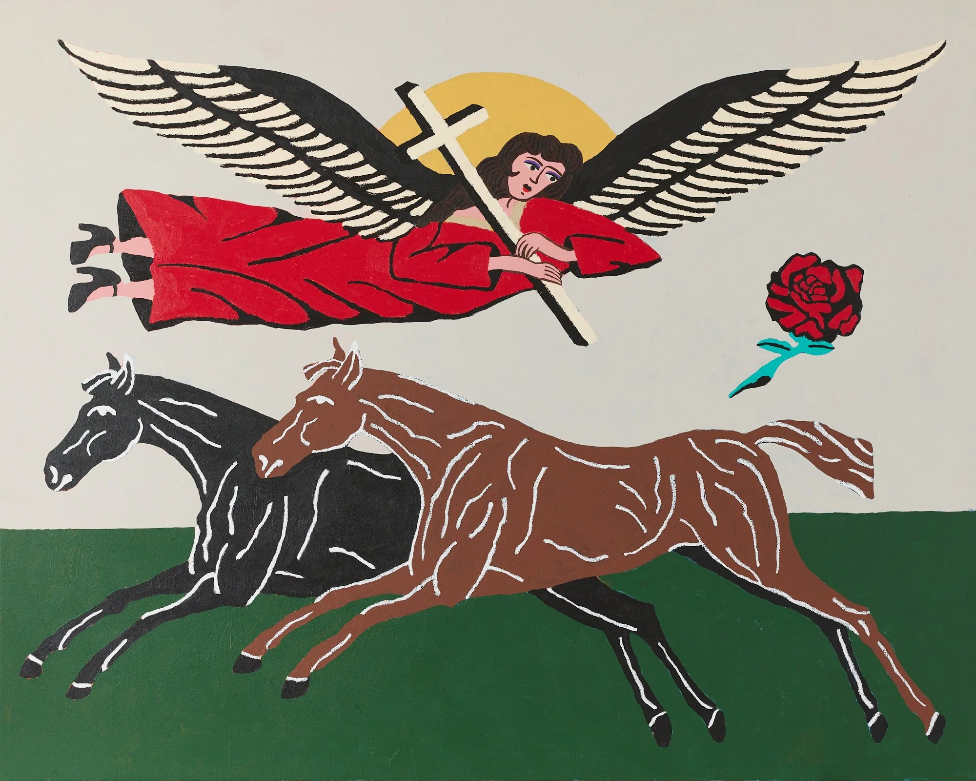 AND ANGEL FLIES ABOVE TWO RUNNING HORSES IN A FIELD
