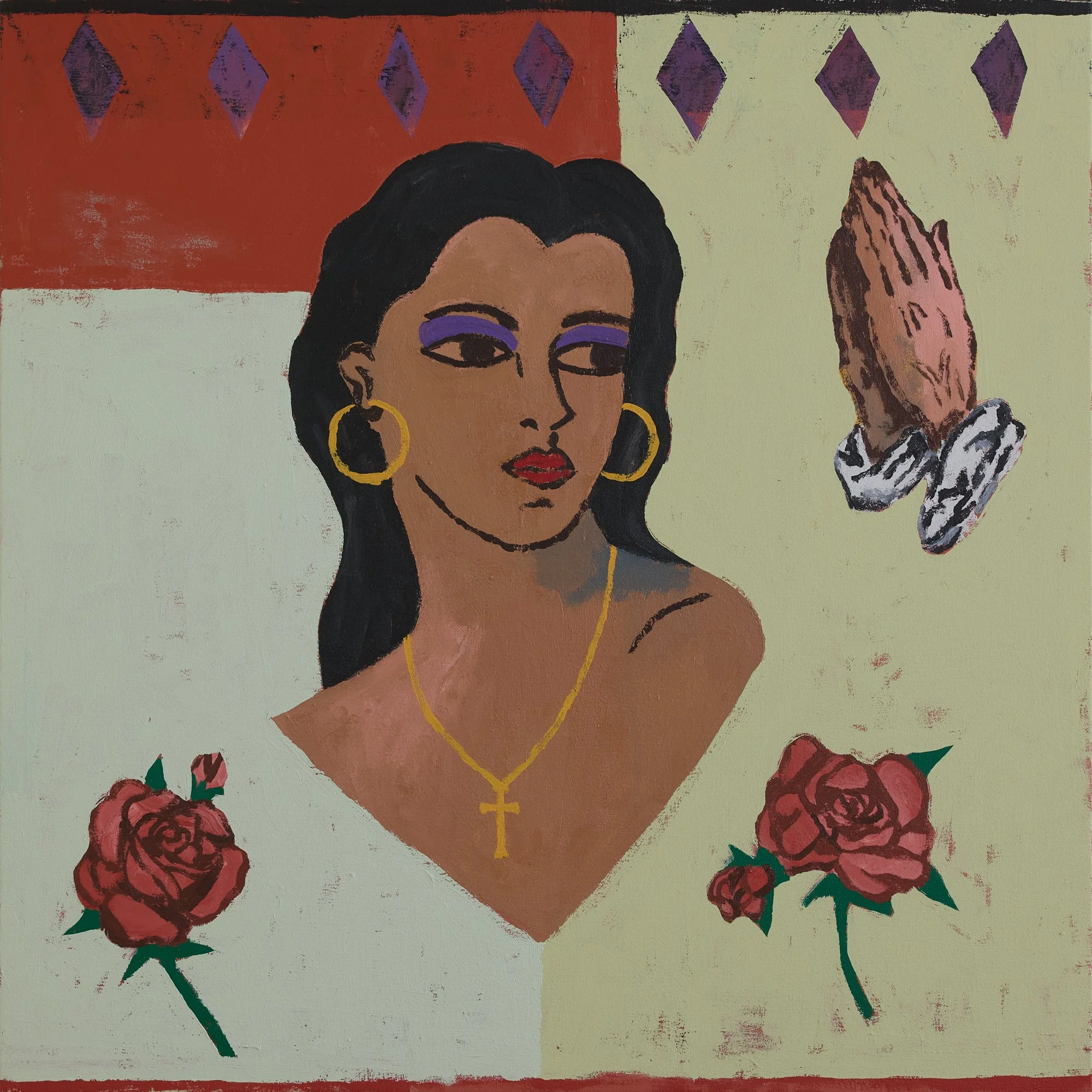 painting of a bust of a hispanic woman with gold hoop earrings and a gold necklace with a cross pendant. below are two red roses and an image of praying hands in the upper right corner. the painting is bordered on the top with seven purple diamonds
