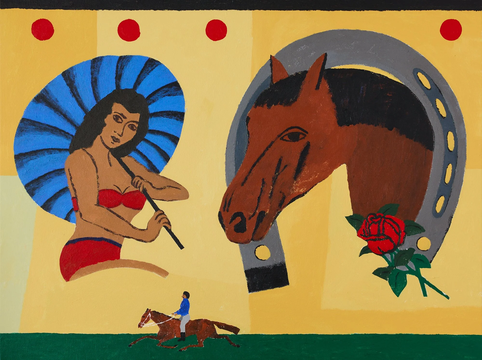 woman in a red bikini holding a blue umbrella and a horse inside of a lucky horse shoe against a yellow background and a rider on a horse below