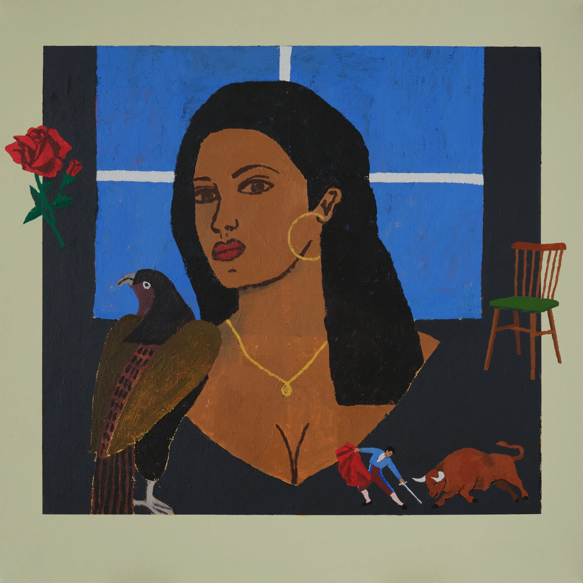 original contemporary figurative painting featuring a bold female portrait set against a luminous blue window. Rich in symbolism—a bird, red flower, and bullfighting scene—it blends modern design with narrative depth. A striking statement piece