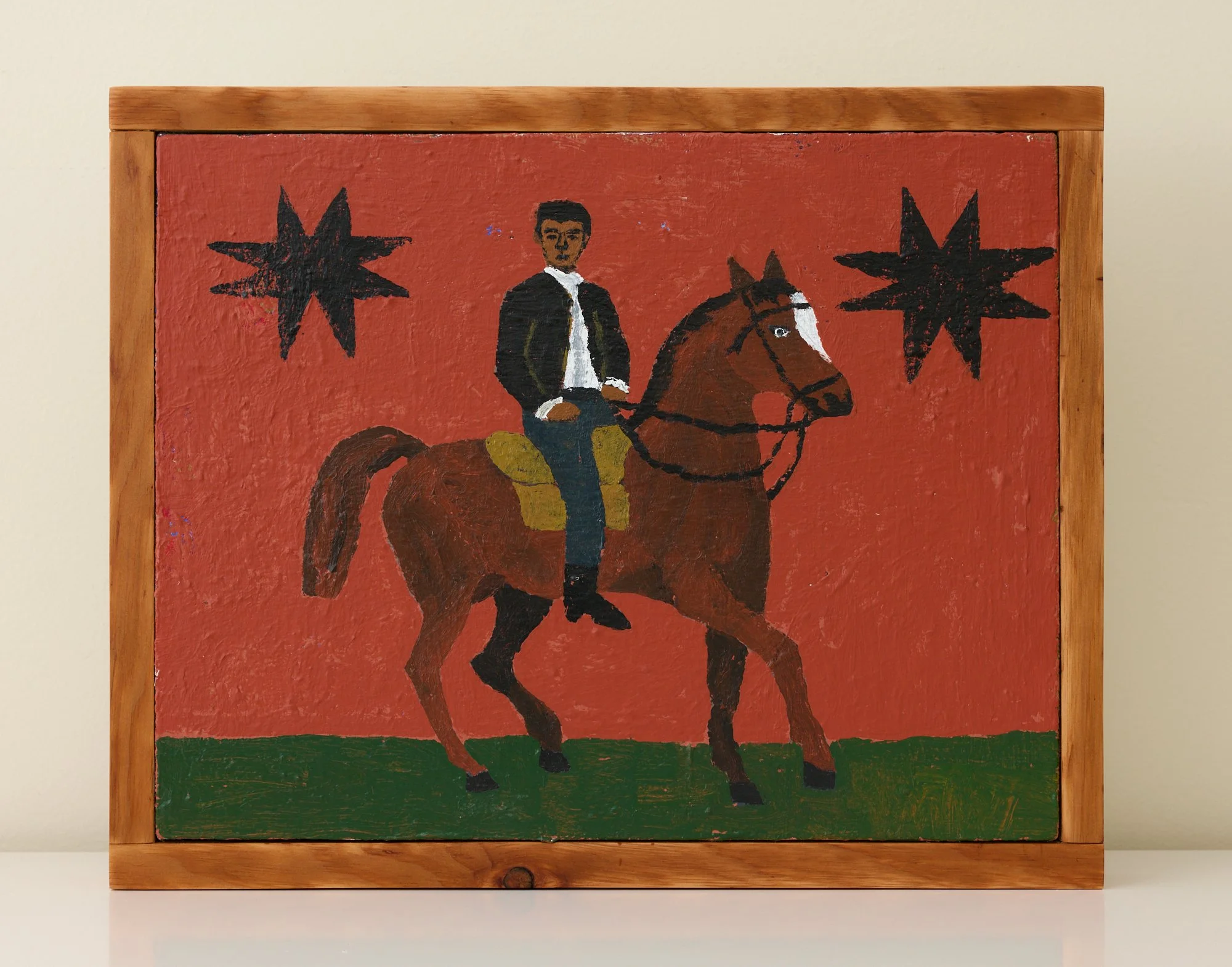 Original contemporary folk painting featuring a horseback rider, bold color, and symbolic imagery. Ideal for art collectors, interior designers, and buyers seeking unique modern figurative artwork.