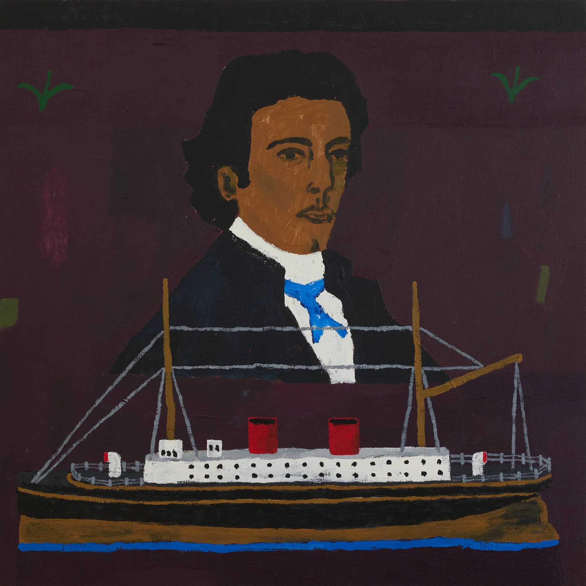 Original contemporary figurative painting featuring a portrait and steamship with folk art influences. Ideal for collectors seeking symbolic, narrative-driven modern artwork.