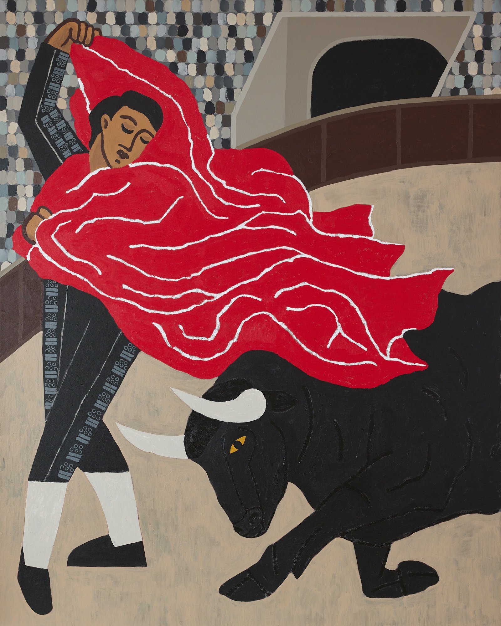 A MATADOR TWISTING OUT OF THE PATH OF A CHARGING BULL IN A CIRCULAR ARENA AS THE CROWD SPECTATES