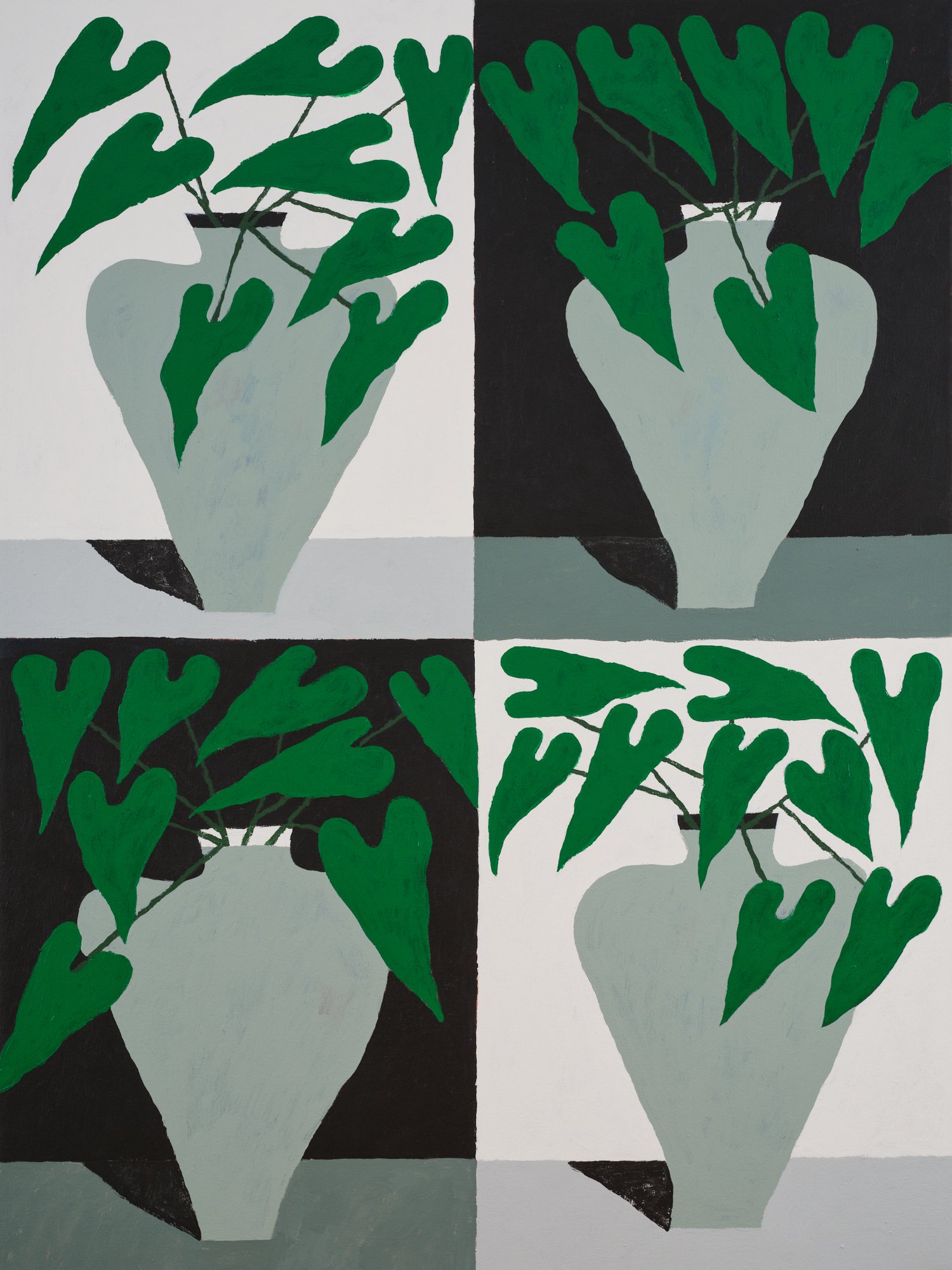 FOUR GREY VASES WITH HEART SHAPED PLANTS  ON ALTERNATING GREY AND BLACK CHECKERBOARD BACKGROUND