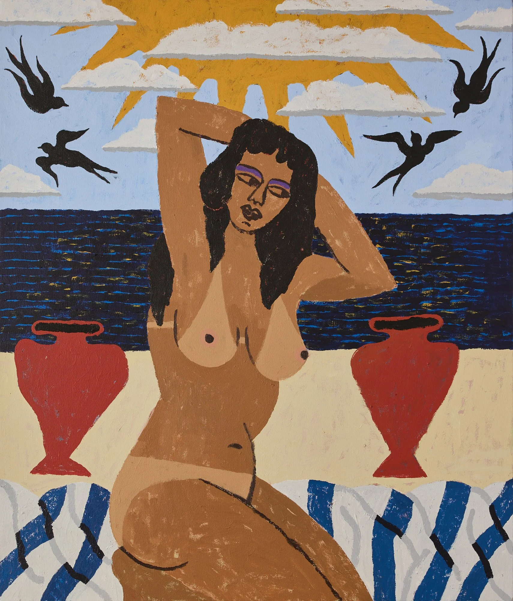 a nude woman with tan lines kneels on a blue and white towel at the beach with the ocean in the background. the sky depicts 4 silhouetted birds flying between clouds and the suns rays shining through.