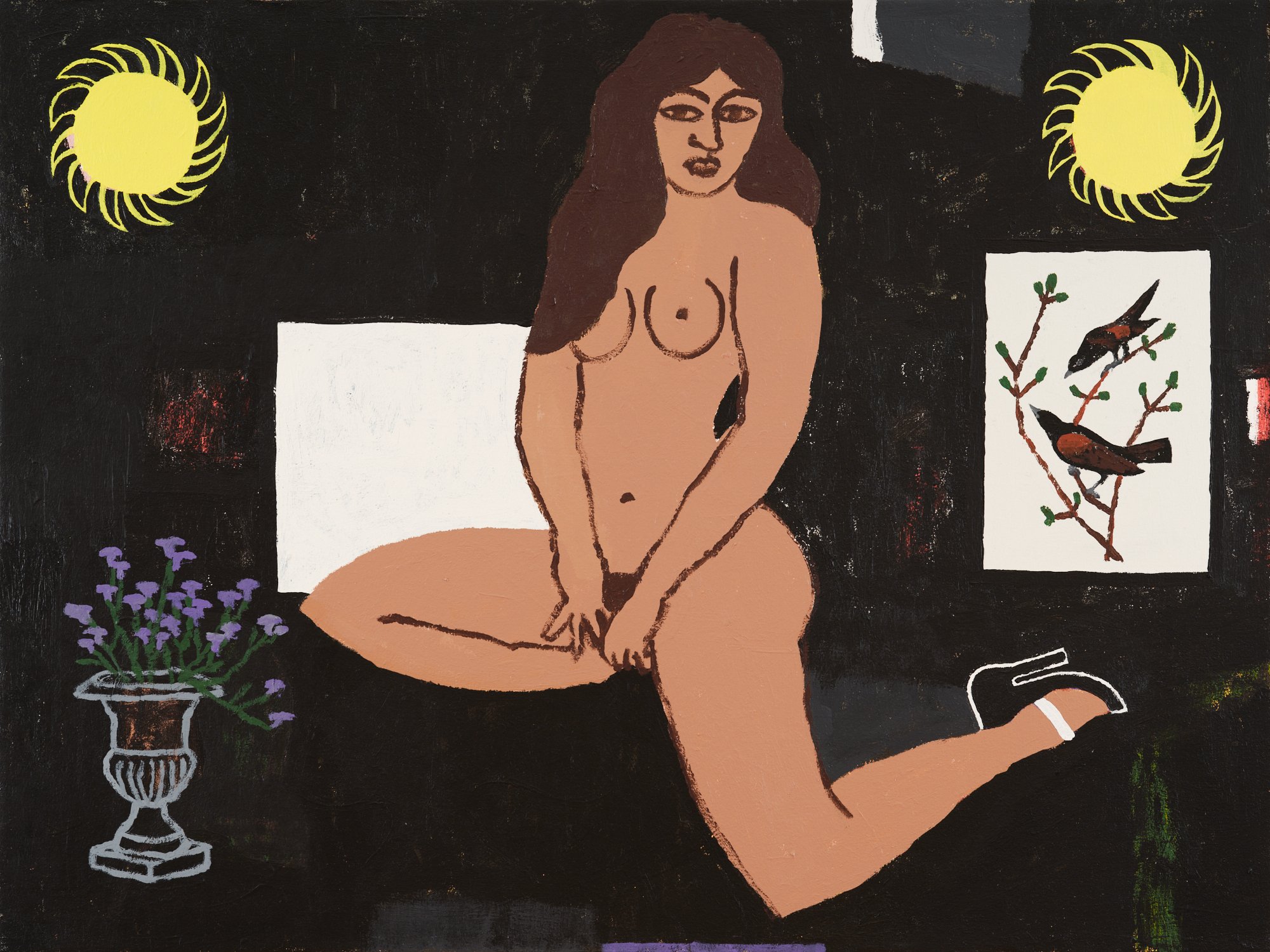 NUDE WOMAN ON BLACK BACKGROUND AND BIRDS