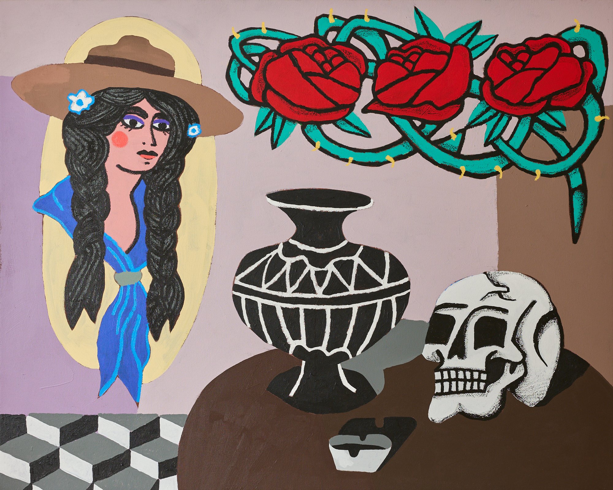 A WOMAN WITH BRAIDS UNDER A HAT, A TABLE TOP STILL LIFE INCLUDING A SKULL, ASH TRAY, AND VASE, AND THREE ROSES FLOAT ABOVE