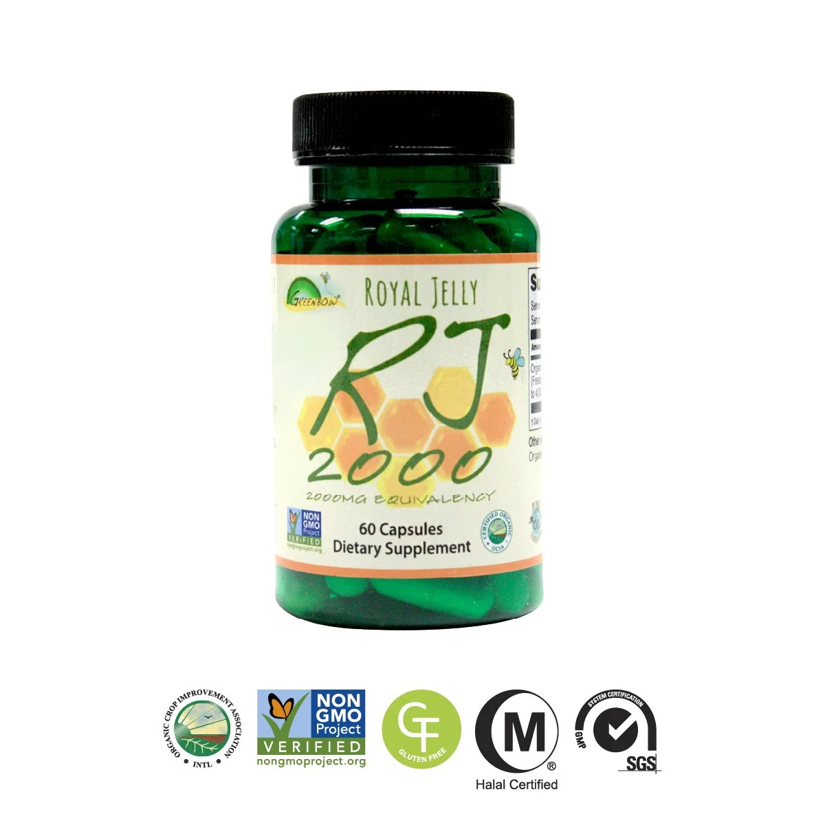 Greenbow Organic Royal Jelly 2000mg -Non GMO, Certified GMP, Halal (60Caps)