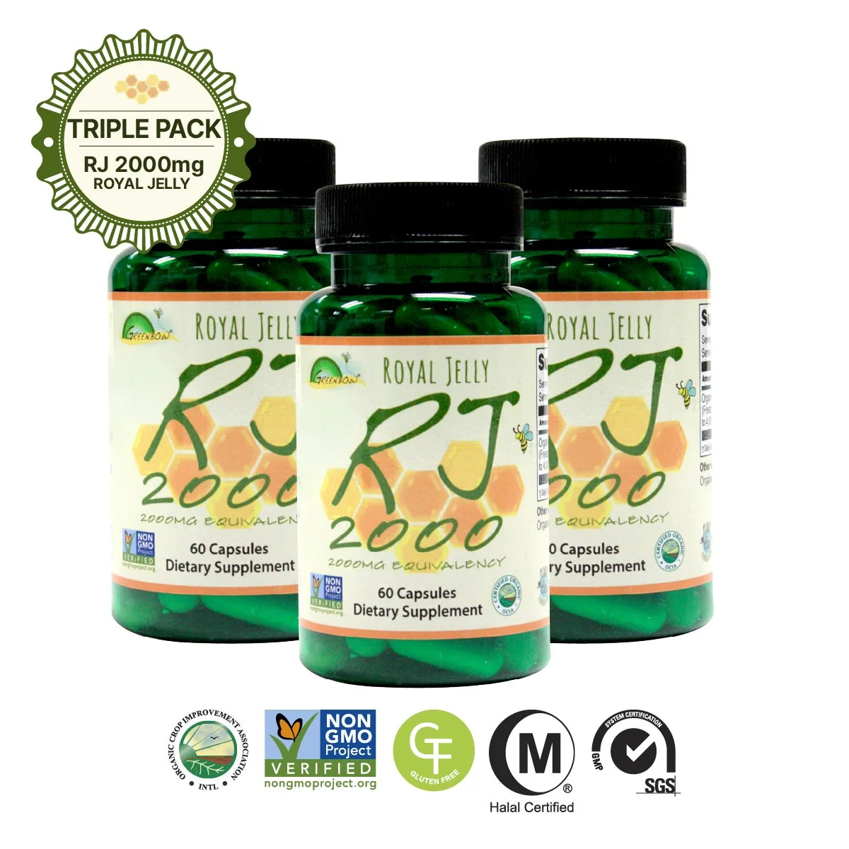 Greenbow Organic Royal Jelly 2000mg -Non GMO, Certified GMP, Halal (3 X 60 CAPS)_Triple pk