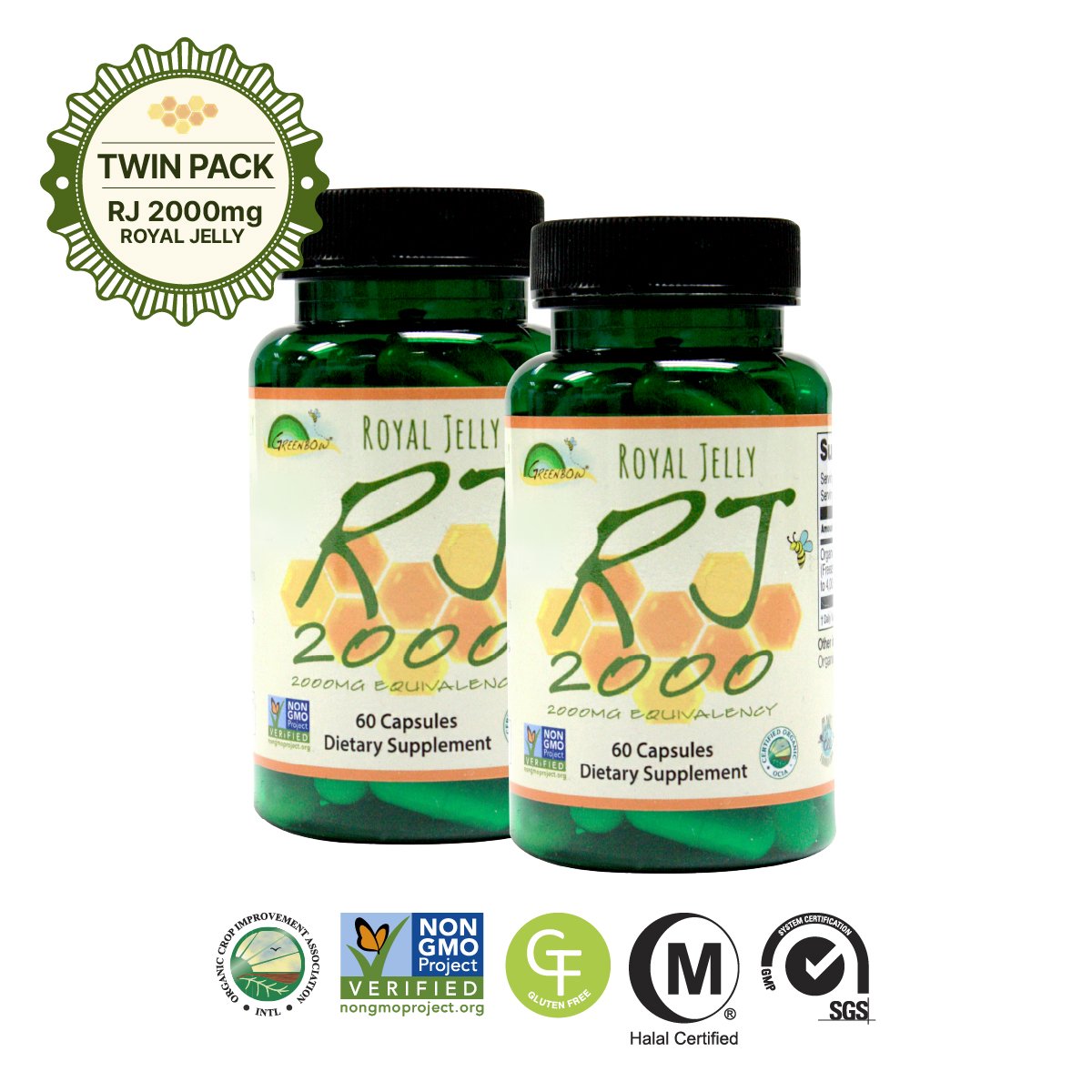 Greenbow Organic Royal Jelly 2000mg -Non GMO, Certified GMP, Halal (2 X 60 CAPS)_Twin pk