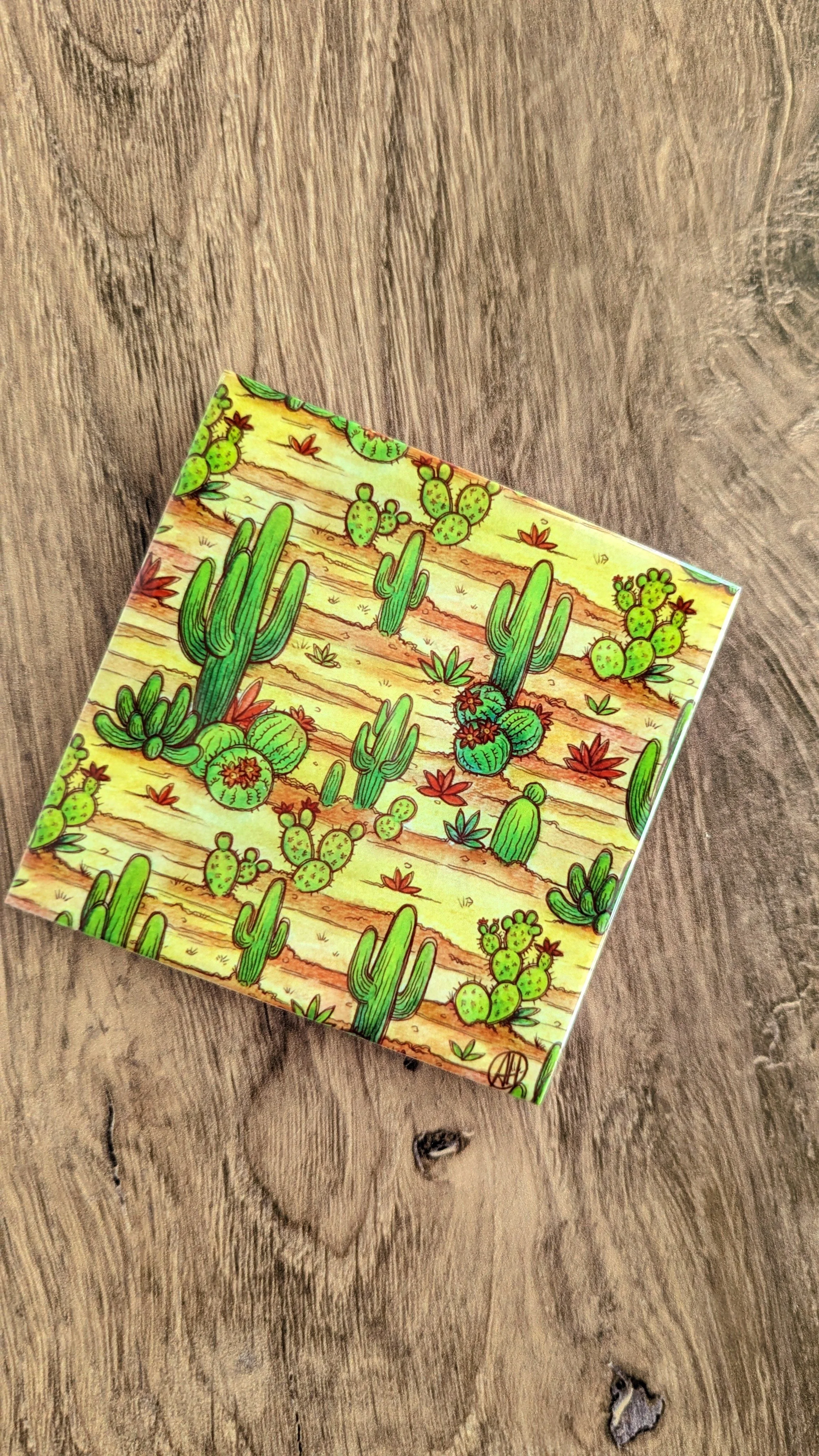 Ceramic Tile Coaster - Happy Cactus Pattern