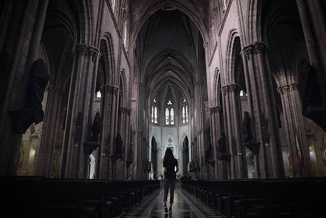 Notice the statues along the nave wrapped in black cloaks?  This was my favorite church in all of Quito. #gothicarchitecture #basilicadelvotonacional