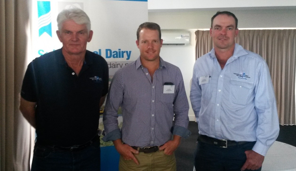 Retiring Subtropical Dairy Chairman, Mr Ross McInnes (left), with new Deputy Chairman, Mr Luke Stock (middle) and new Chairman, Mr Paul Roderick (right).