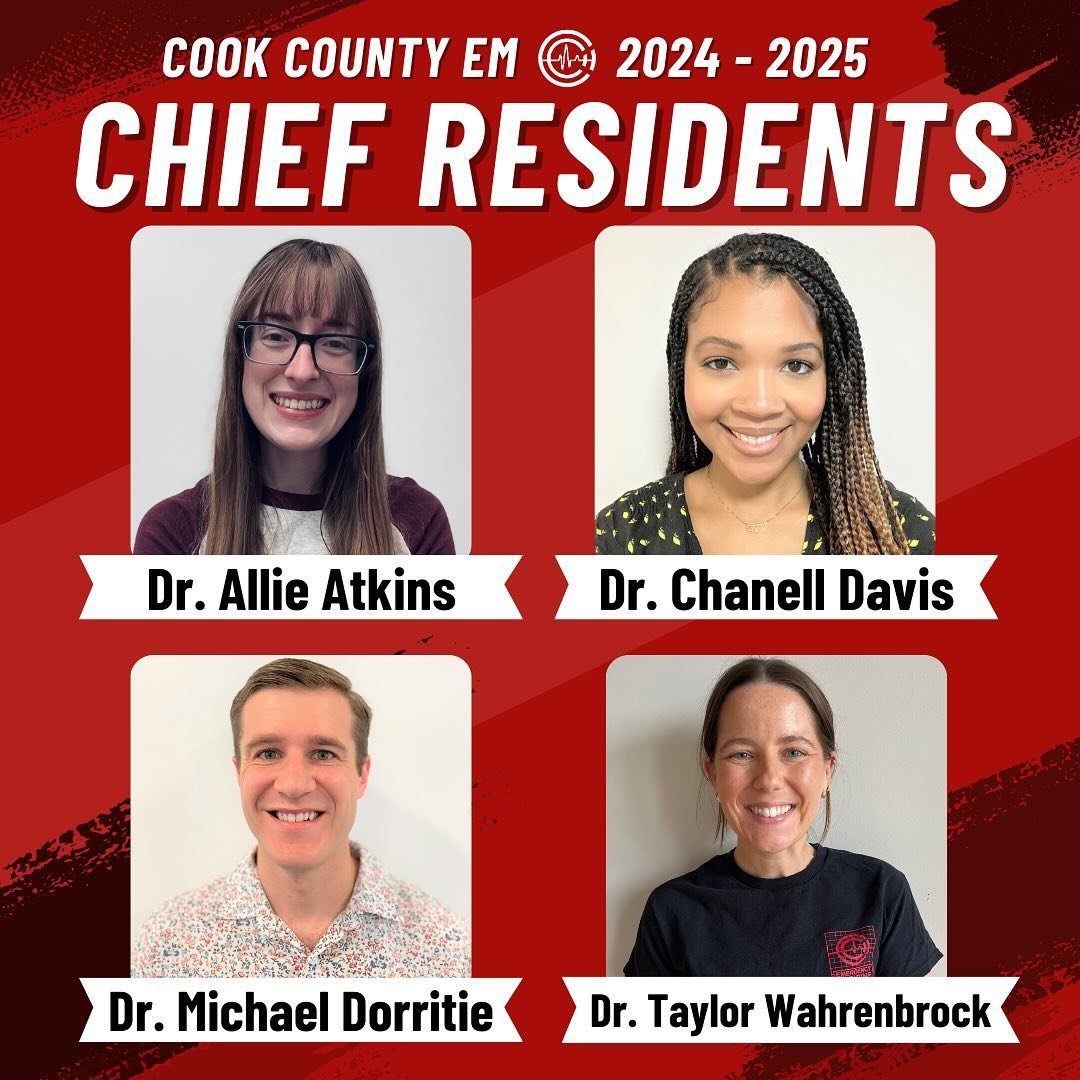 Congratulations to our newly elected 2024-2025 Chief Residents, Dr. Allie Atkins, Dr. Chanell Davis, Dr. Mike Dorritie, and Dr. Taylor Wahrenbrock! ✨

@notthediet @oh_hey_its_taylor @mikedorritie @chanelldeanna #chiefresident #residency #emergencymed