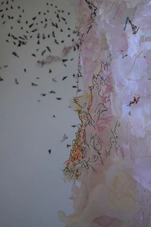 Roya Amigh, The Coerced Contact, 2016, thread, paper, pieces of cloth, lace, 62 x 64 x 35 in., detail ©2016/2018. Roya Amigh. Courtesy of the artist