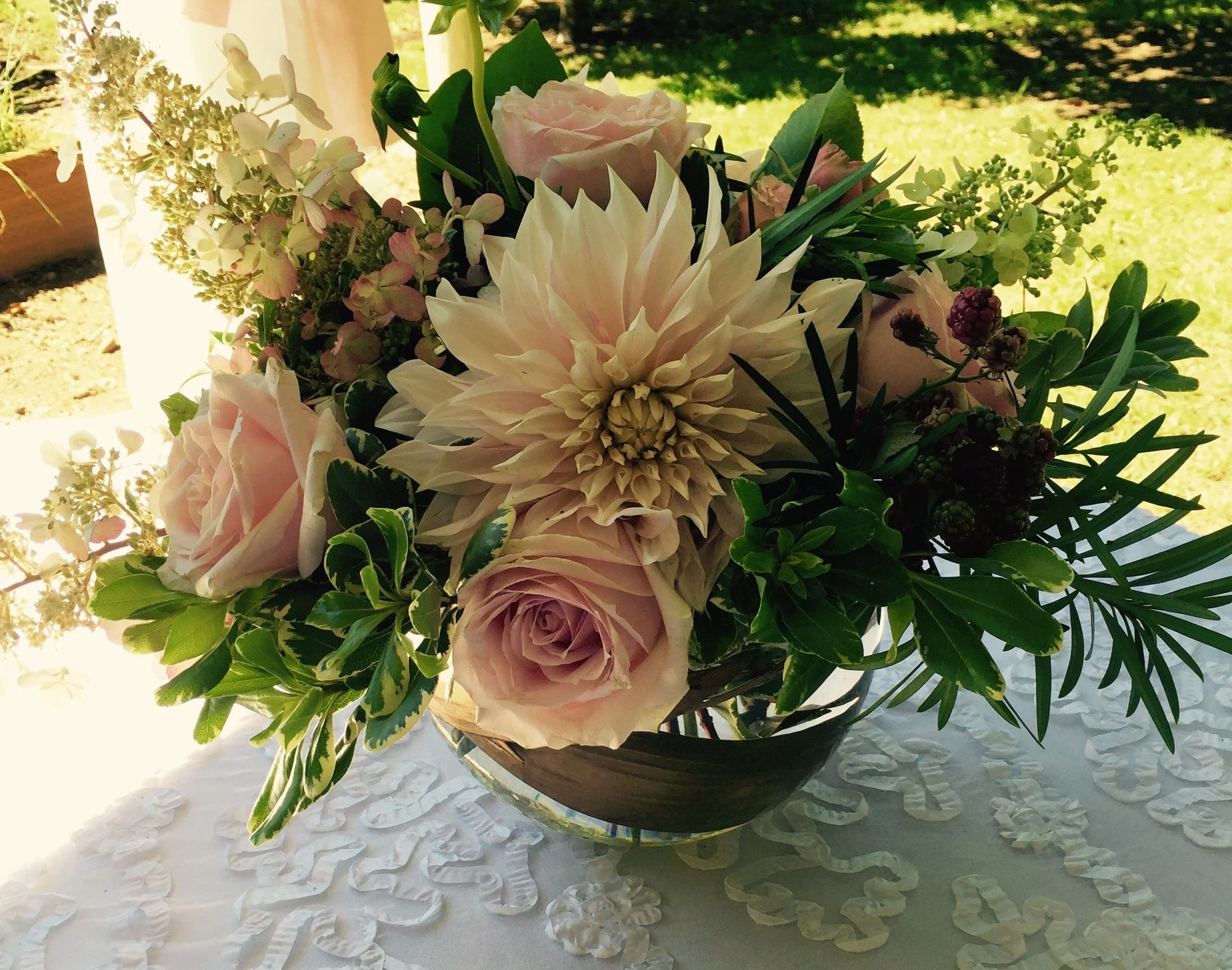 Blush centerpiece with Cafe a Lait dahlias & hydrangeas