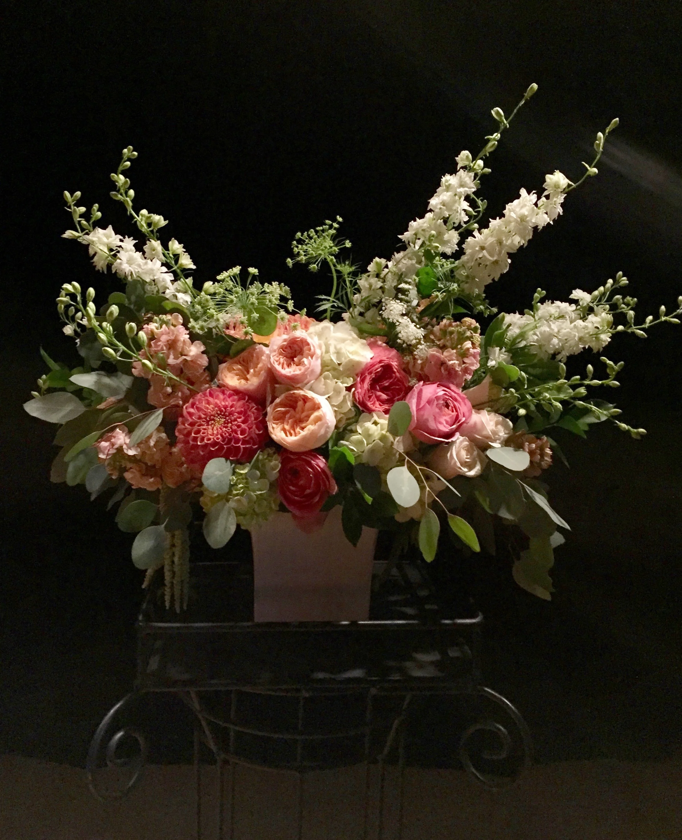 Ceremony pedestal, dahlias, juliett garden roses, larkspur
