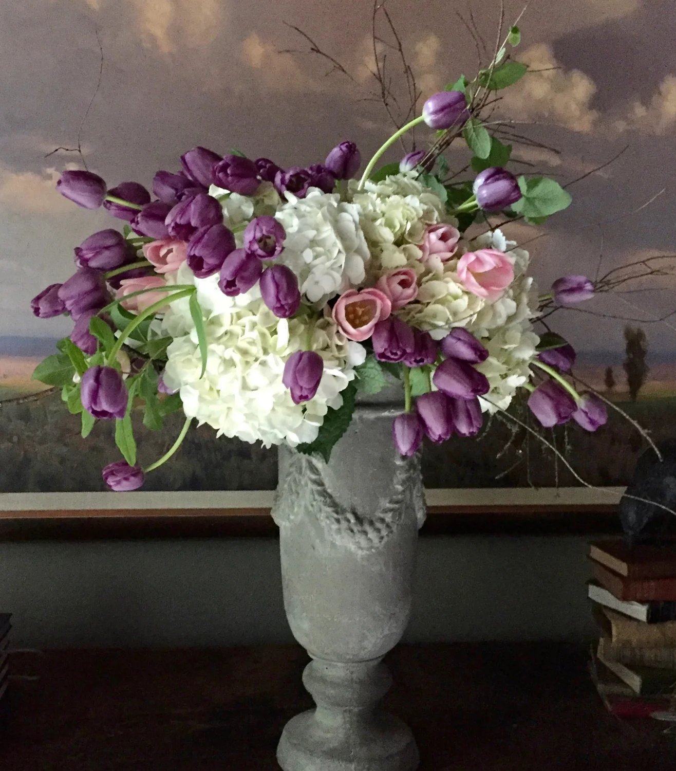 Tall Urn with Purple Tulips