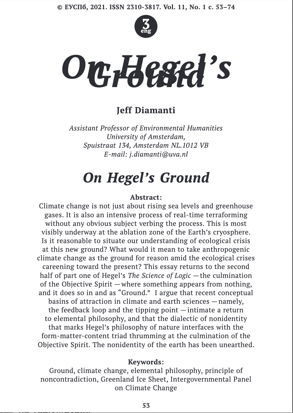 "On Hegel's Ground," Stasis 11.1 (2021)