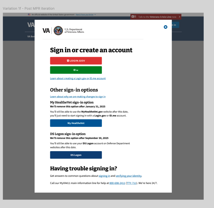VA sign-in page showing 4 options, but the two deprecated ones are visually separated lower on the page with content telling when the option is going away