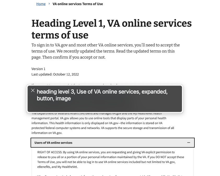 a screen capture showing how screen readers announce elements in a Figma design file