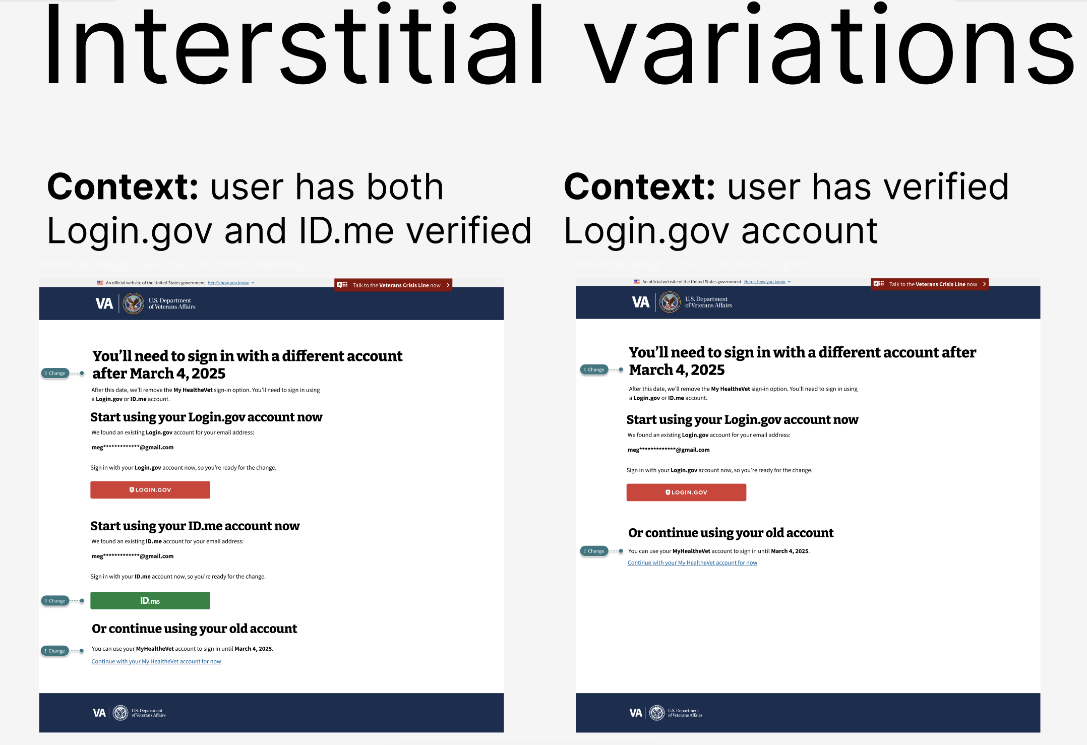 Two page designs with Figma annotations. One labeled for users who have both a Login.gov and an ID.me account. The other will show for users with only a Login.gov account