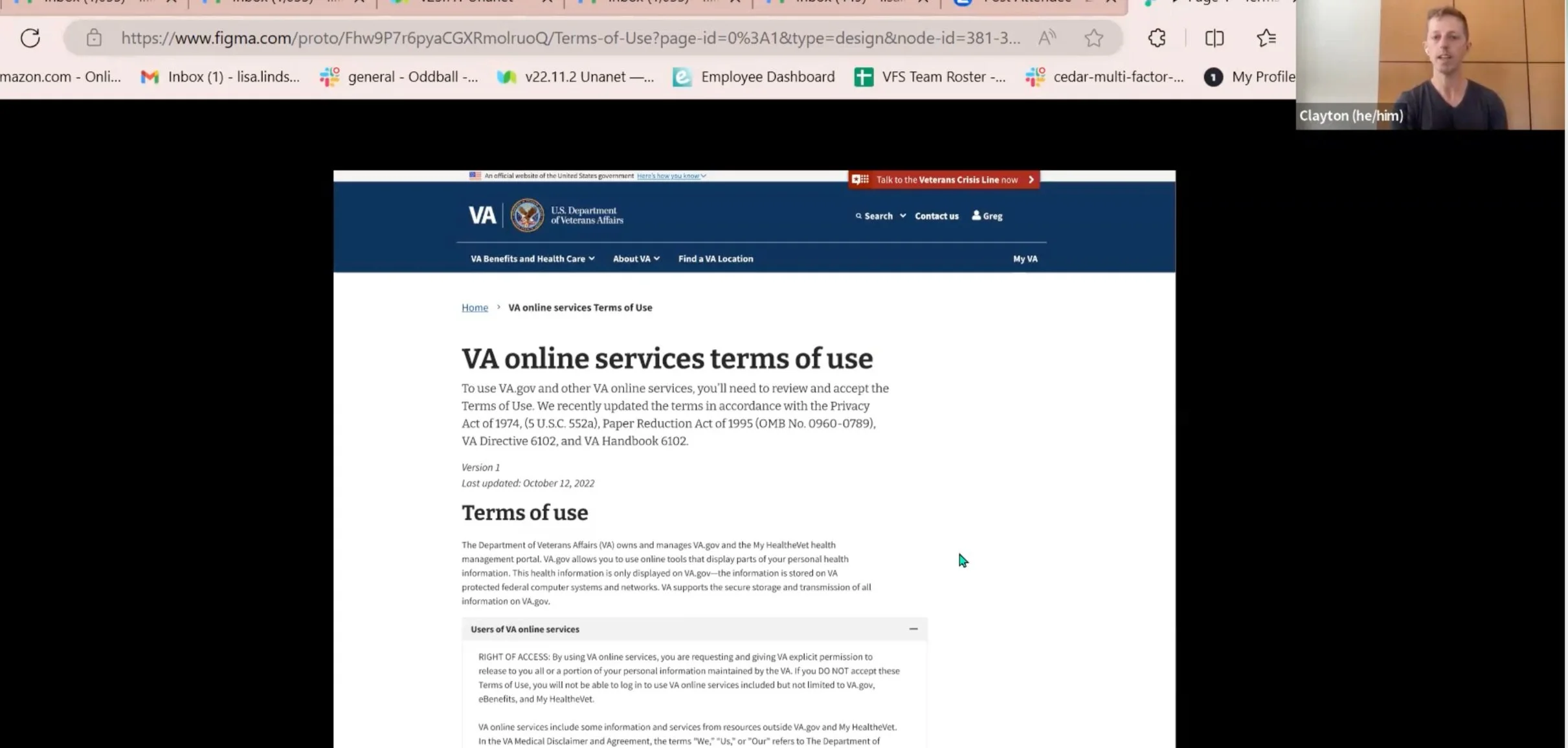 A screen capture showing usability research with the participant's screen showing and the moderator in a box to the upper right