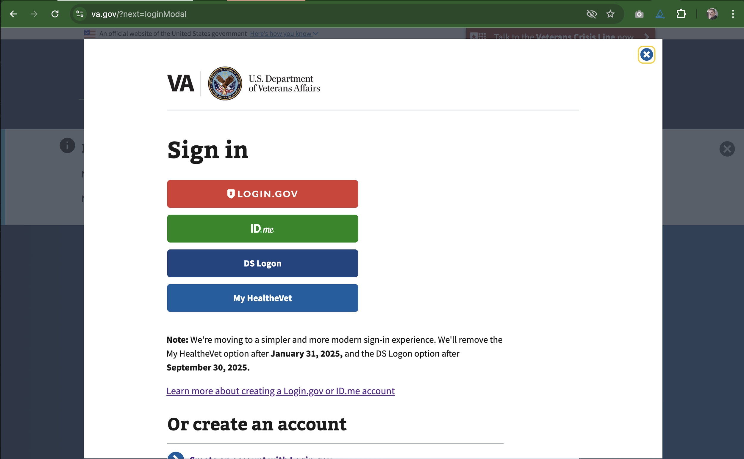 VA sign-in page showing four options, Login.gov, ID.me, DS Logon, and My Healthevet