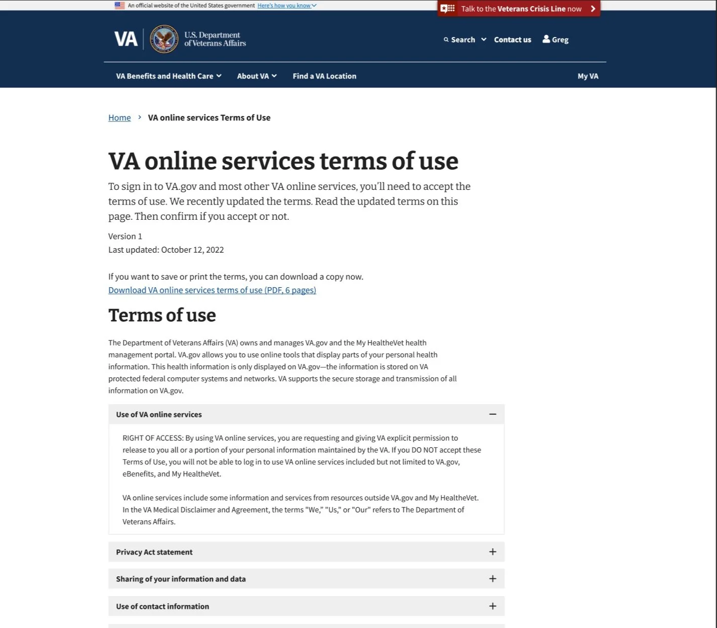 a screen shot showing the VA's new unified terms of use
