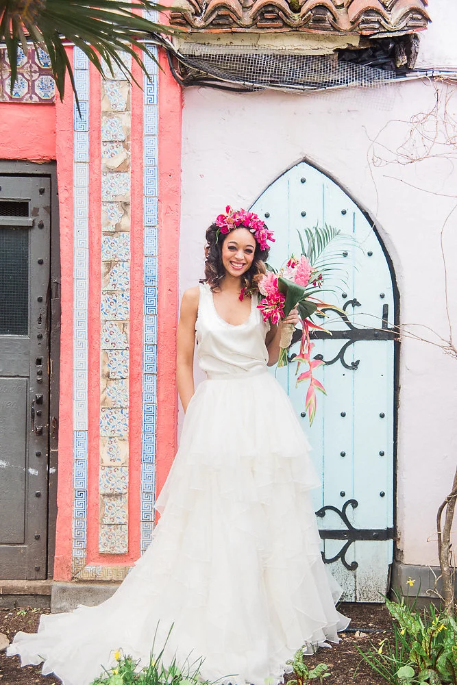 The bridal looks absolutely blew us away. The Priya skirt from Watters was a dream for what we were going for, with its’ layers of flirty organza and a silk cami top to complement it - perfect for salsa dancing! We wanted to experiment with floral jewellery, so as well as working flowers into the stunning hair pieces, we also asked the team at Mary Jane Vaughan to try something new and design a floral necklace.
