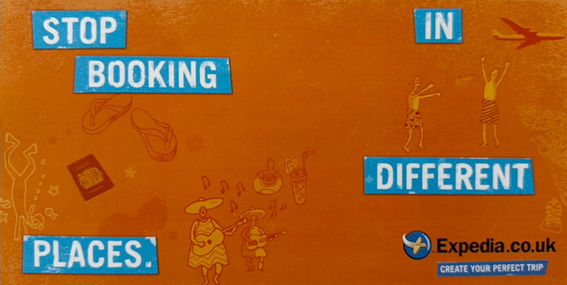 CHI campaign.  "STOP IN", "BOOKING", and "DIFFERENT". There are small illustrations of people dancing and playing guitars, and icons of a passport, sandals, and drinks. The Expedia logo and website URL are visible in the bottom right corner. Design.