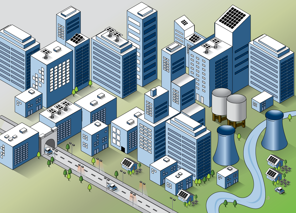A cityscape illustration featuring multiple tall office building, a power plant with cooling towers, and wind turbines with a winding river nearby. Streets with cars and streetlights are also visible. Isometric design. Borealis.