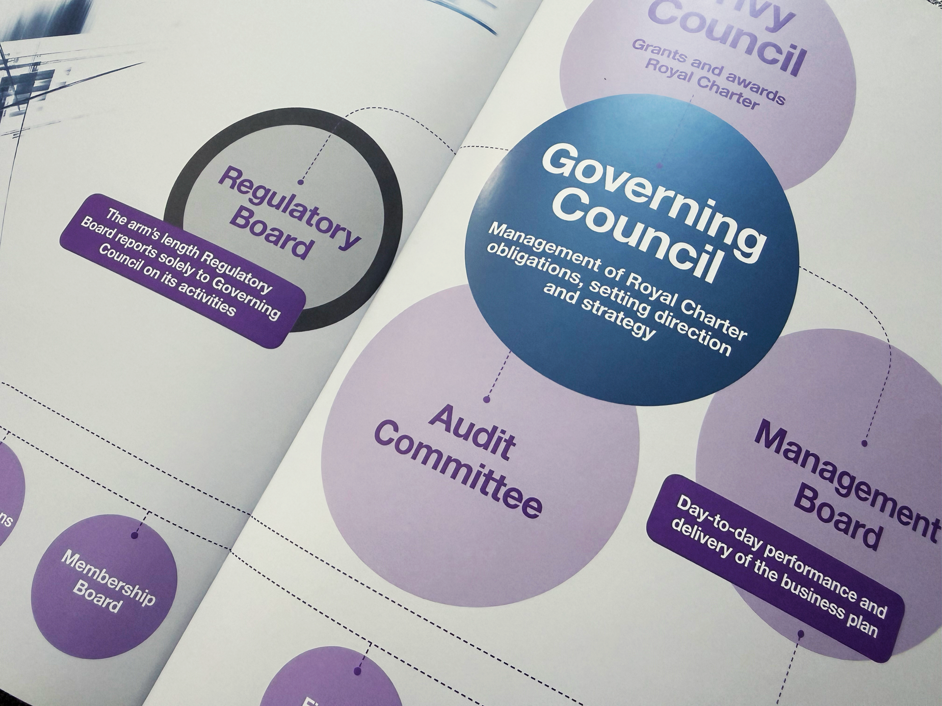 Close-up of a printed organizational chart showing various council committees and their descriptions, including the Regulatory Board, Governing Council, Audit Committee, and Membership Board, with colorful circles and connecting lines. Infographic.