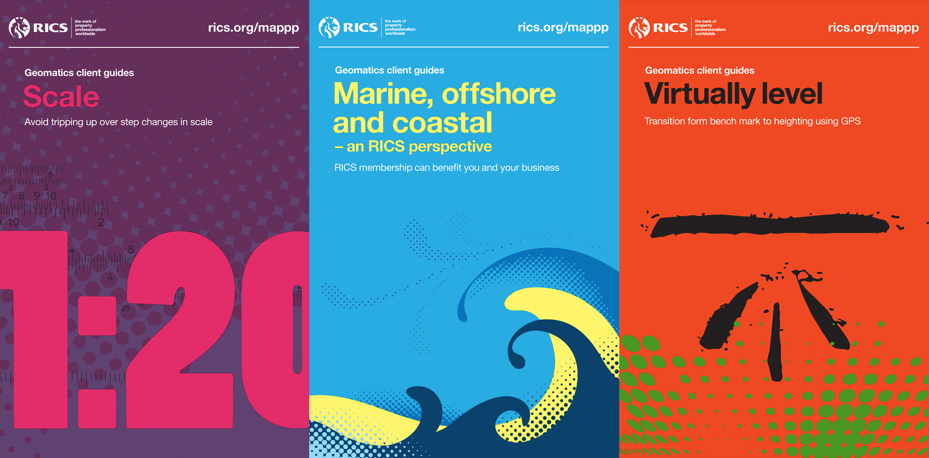 Three RICS client guidebook covers: Geomatics.