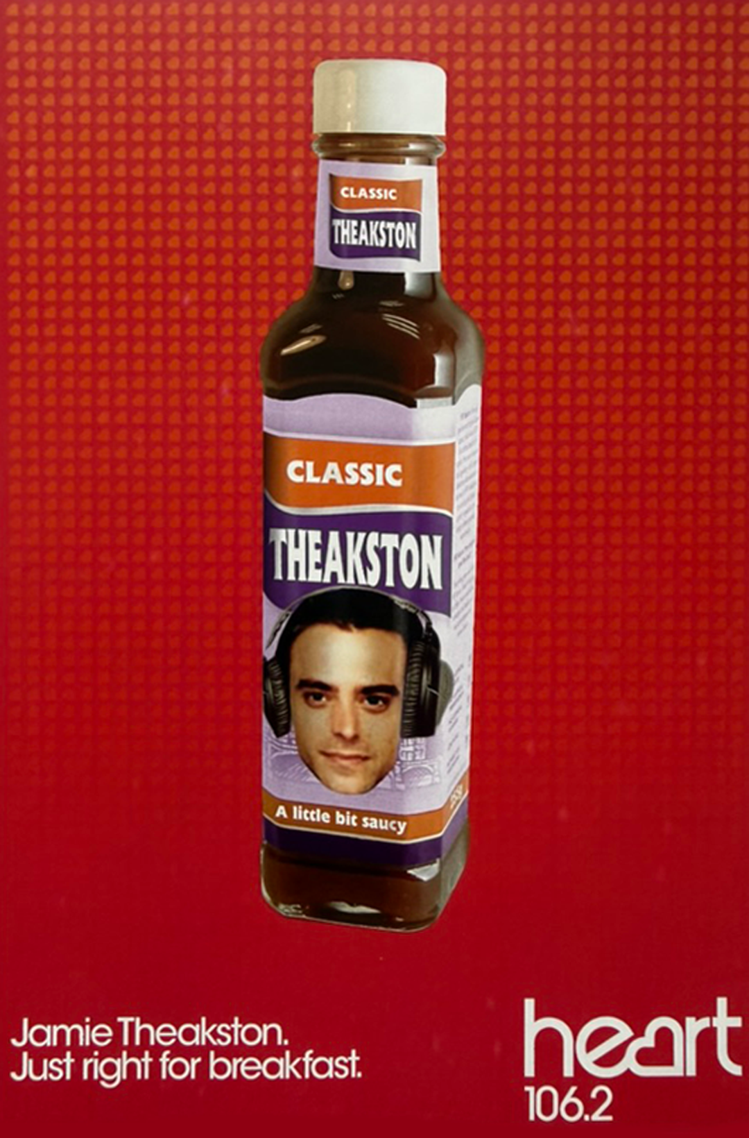 A bottle with a label featuring a Jamie Theakston's face wearing headphones, labeled 'TheAxton', with the tagline 'A little bit saucy', and the background is red with small heart patterns. CHI & Partners. Design