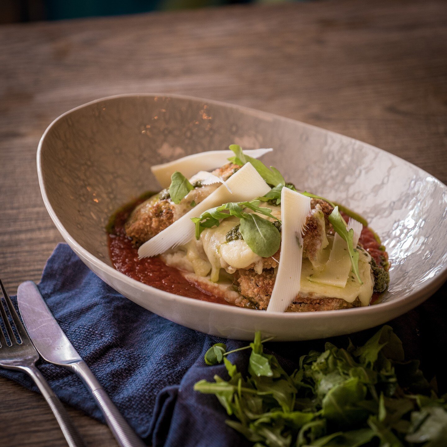 BRINJAL PARMESANO
Crumbed brinjal, Napolitana, melted mozzarella, basil pesto served with buttery mashed potato.

We have a tasty selection of Vegetarian and Vegan dishes... We look forward to seeing you these holidays.

@gatewayumhlanga 
@galleriama