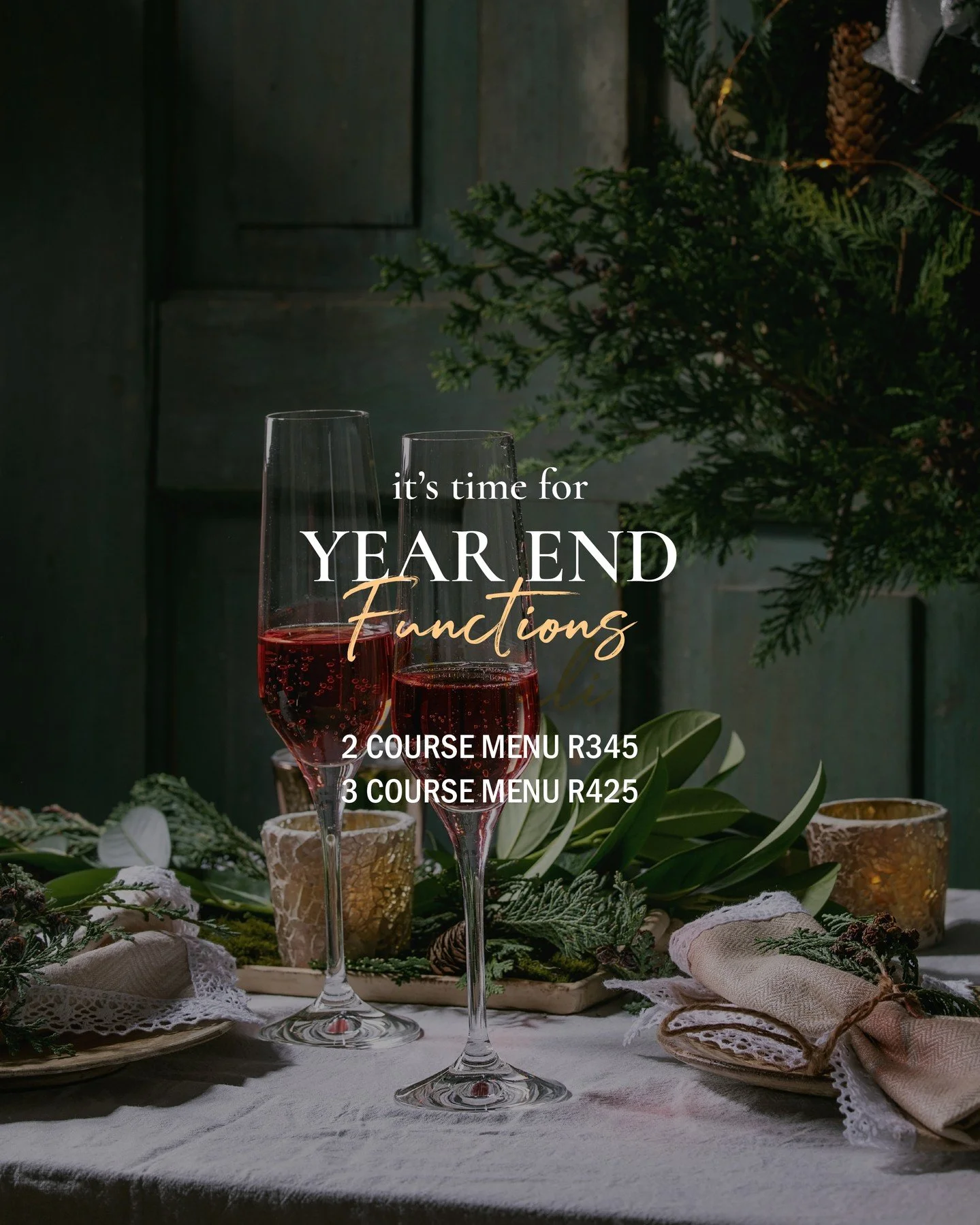 It's the most wonderful time of the year - when colleagues, family and friends start to celebrate the year end. Ask us about our festive menu and let us help you host the perfect year end function.

🎄2 Course Menu ~ R345 per person
🎄3 Course Menu ~