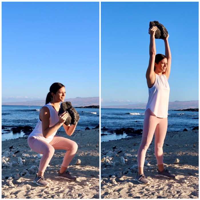 15 Weighted Squat + Press with weight (find a water bottle, a duffle bag, book etc)