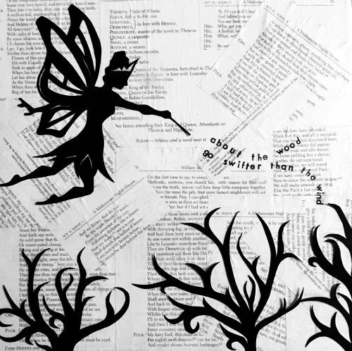 Kaija's final piece. The background is a collage of text from Shakespeare plays. The creativity, energy and personality expressed in each and every student's work are impressive.